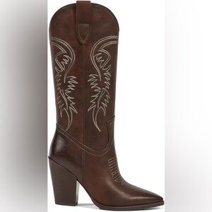 Women’s Cowboy Western Pull-on Boots Pointed Toe Chunky Heel Dark Brown Size 7.5